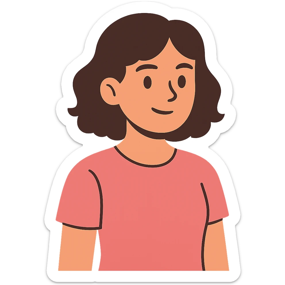 flat-toon style young brunette woman with short wavy hair to shoulders, wearing a pink t-shirt sticker