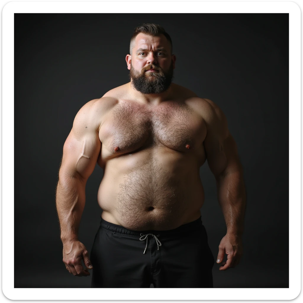 realistic 4K photo of a crossfit male athlete with muscular mass covered by fat, robust but poorly defined physique, relaxed posture, neutral lighting, gym background sticker