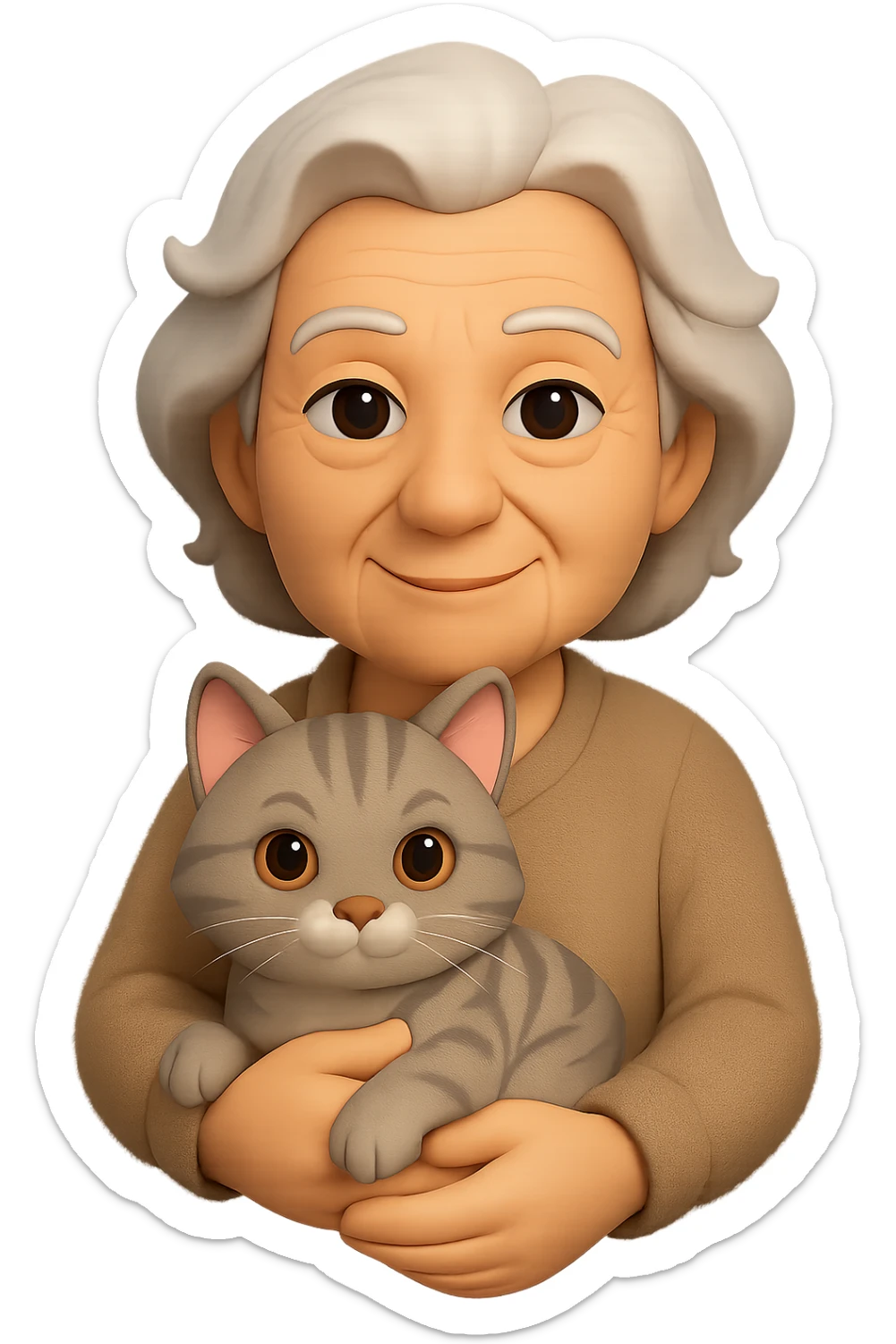 Remove the car and sunglasses, show only the old lady with white hair holding one cat, in a realistic 3D emoji style. No background, transparent background. sticker