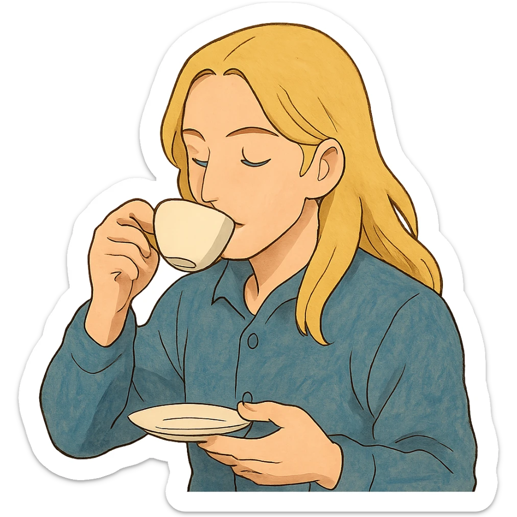 ghibli style emote of a long blonde male sipping tea, no background sticker