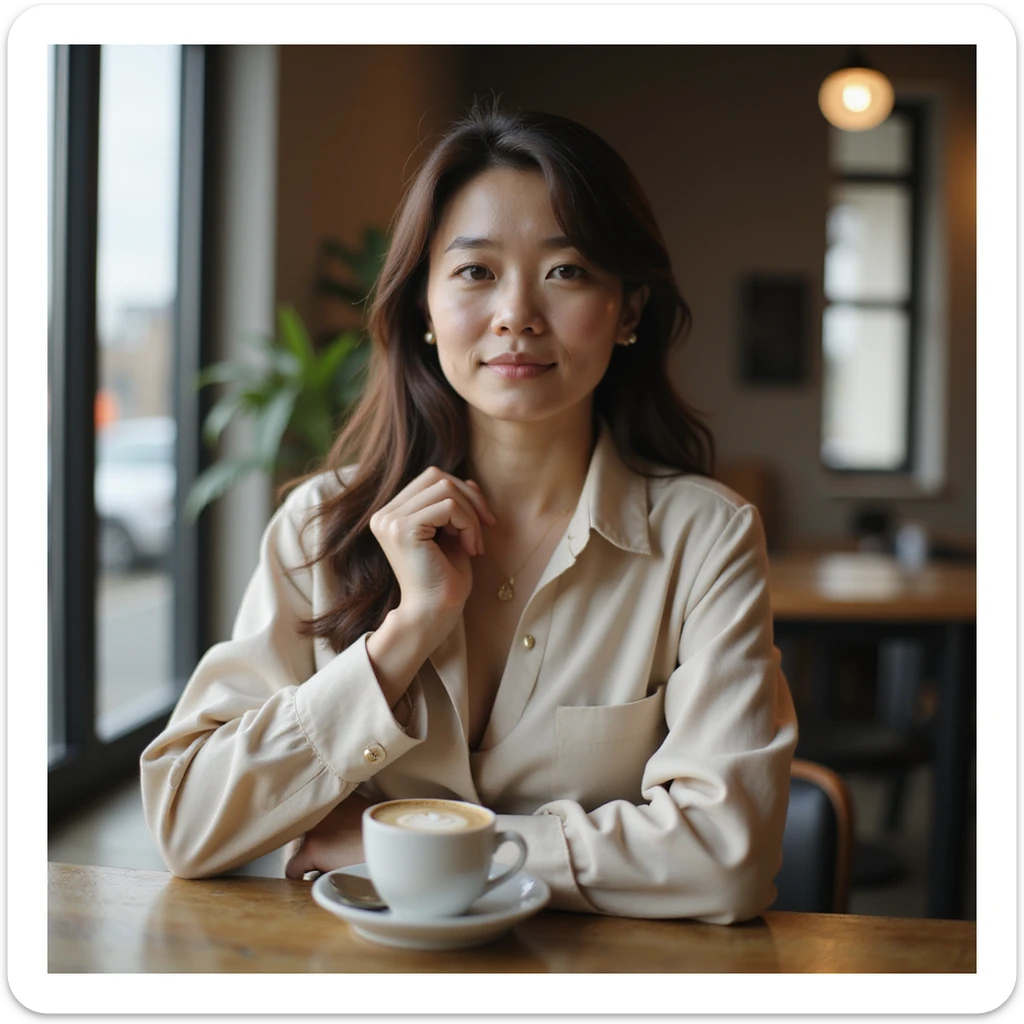 photorealistic upper-body portrait of a stylish Korean woman in her late 20s, exuding luxury and attention to detail, premium coffee and dessert enthusiast, poised and confident, soft modern background sticker