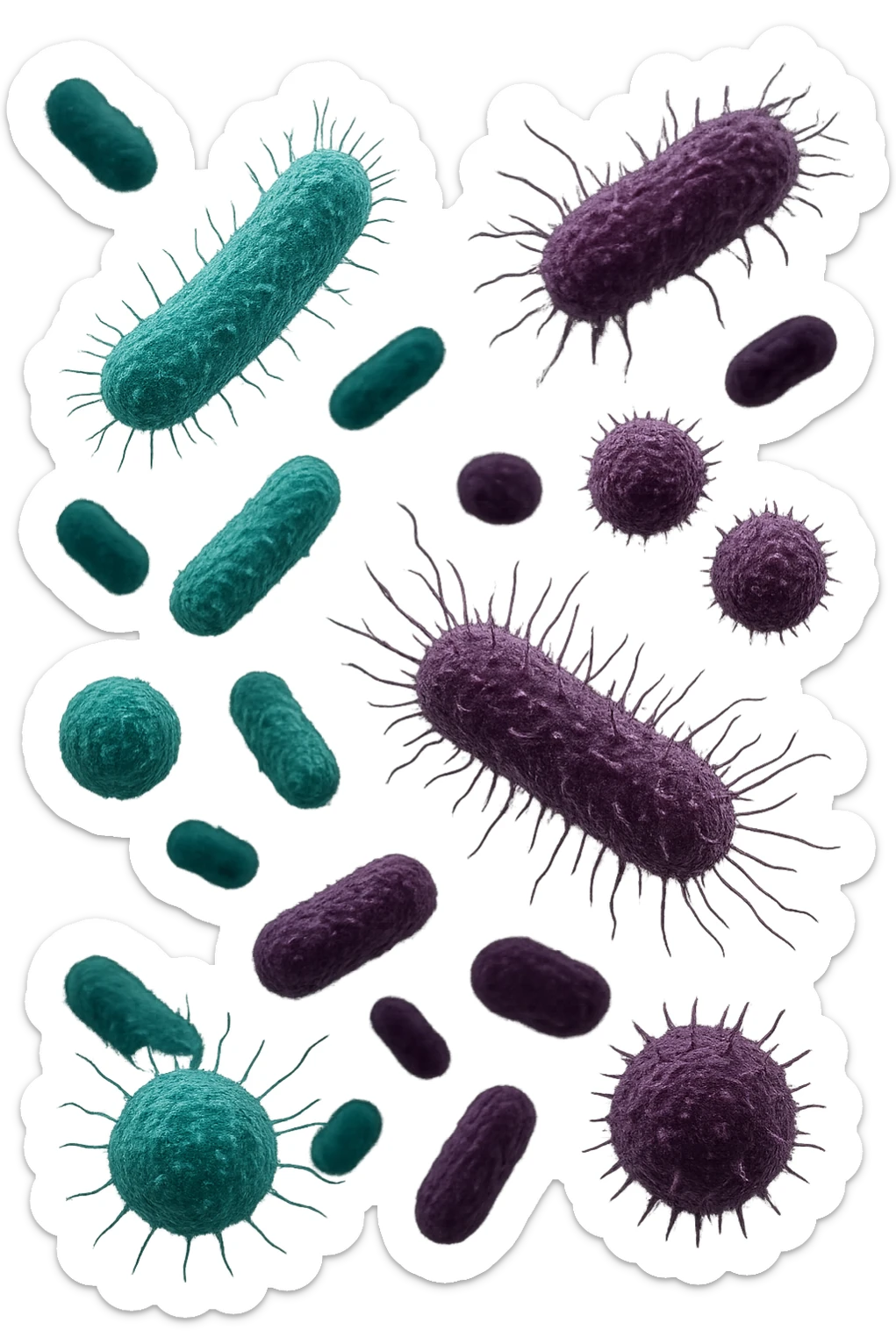 5 BATTERI BUONI E 5 BATTERI CATTIVI FLUTTUANO IN ARIA, I BATTERI BUONI FALLI TURCHESI, I BATTERI CATTIVI FALLI VIOLA, IPERREALISTICO 4K, NON DISEGNATO sticker