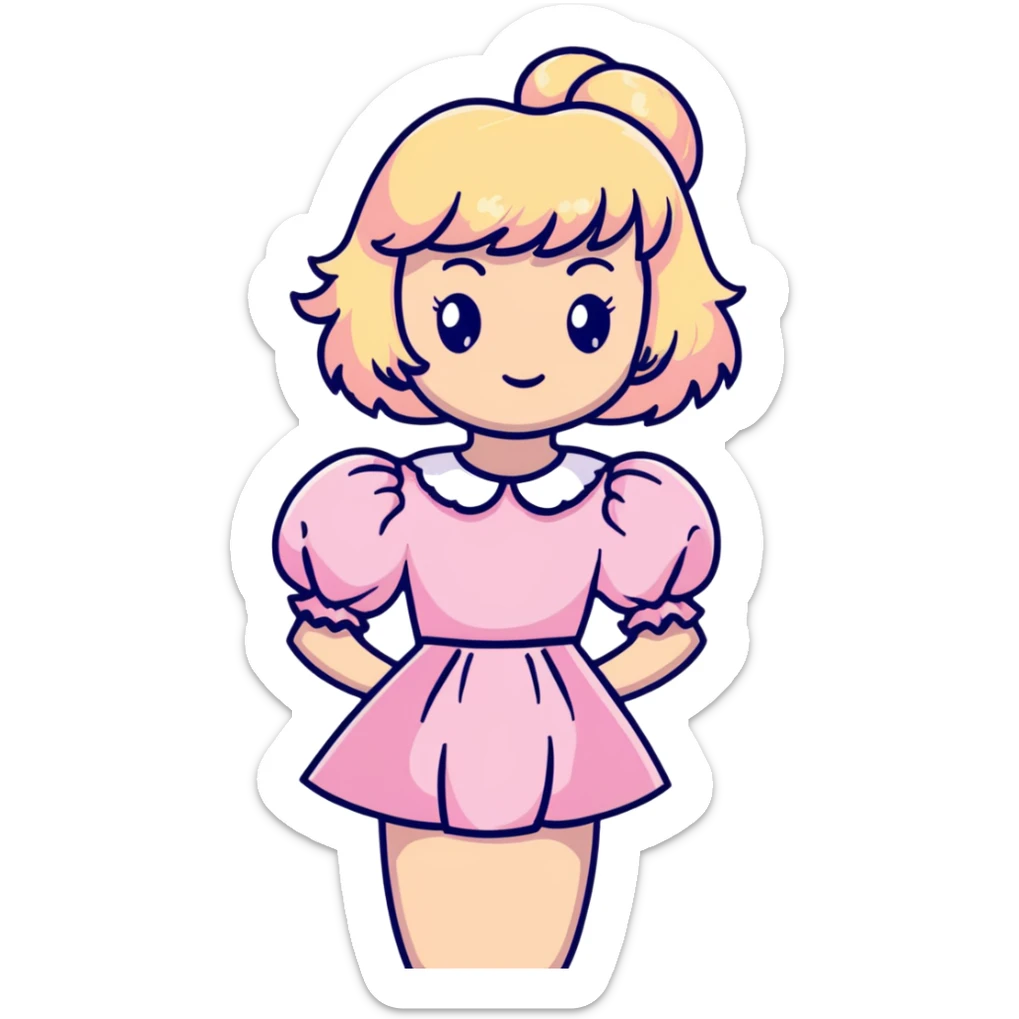 Blonde, pale girl with bangs and curly hair and a pastel pink puff sleeve dress sticker