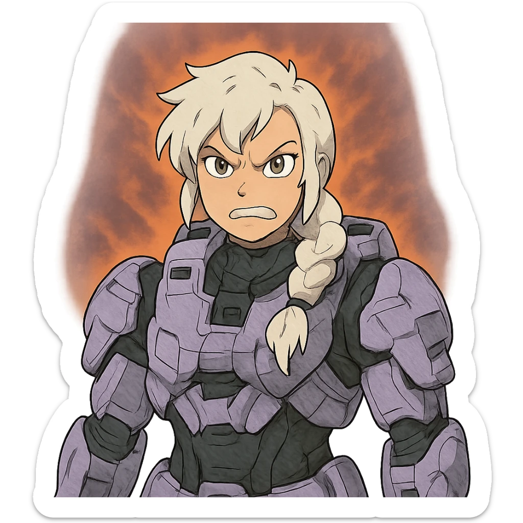 making an angry scowl, frown closed mouth, rage face, rage aura,  female, wearing reach spartan armor shoulder-unequip, long white braid hair with massive messy front side single bangs, gold yellow eyes, attention pose, D-cup size, HALO:series, no helmet, the armor is lavender color scheme, sticker