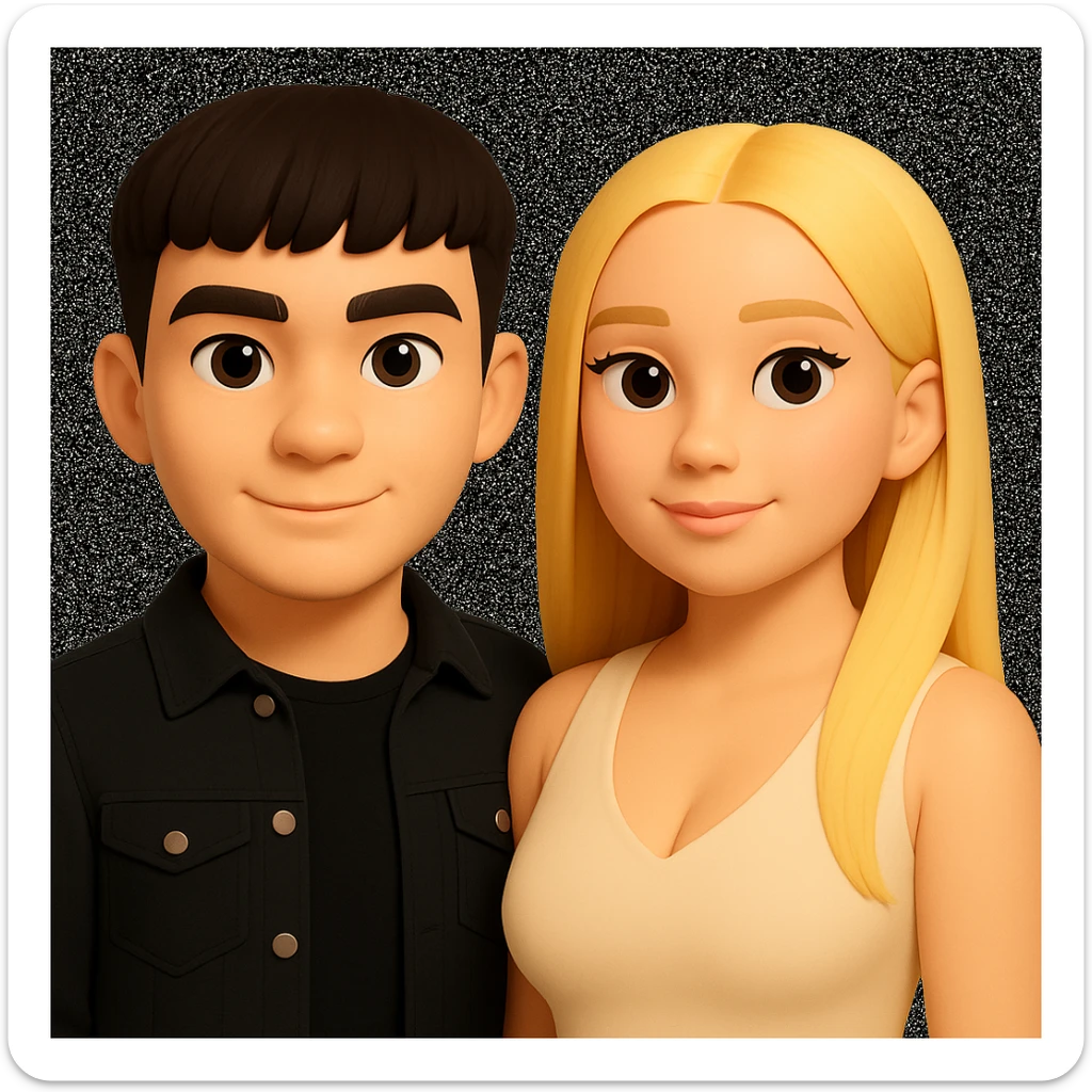 Slightly increase the volume of the upper body of the girl, slightly turn her to face forward, and make the skin color uniform. Maintain the cartoonish 3D style as in the reference image. sticker