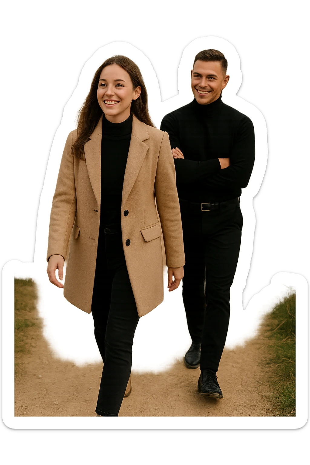 a man and a woman walk together along a winding path in a natural landscape. In one version, the woman leads confidently while the man follows a few steps behind, looking at lei con ammirazione. In un’altra versione, i ruoli sono invertiti, con l’uomo che guida e la donna che lo segue sorridendo. La scena trasmette l’idea che entrambi possano guidare o seguire, a seconda del momento. sticker