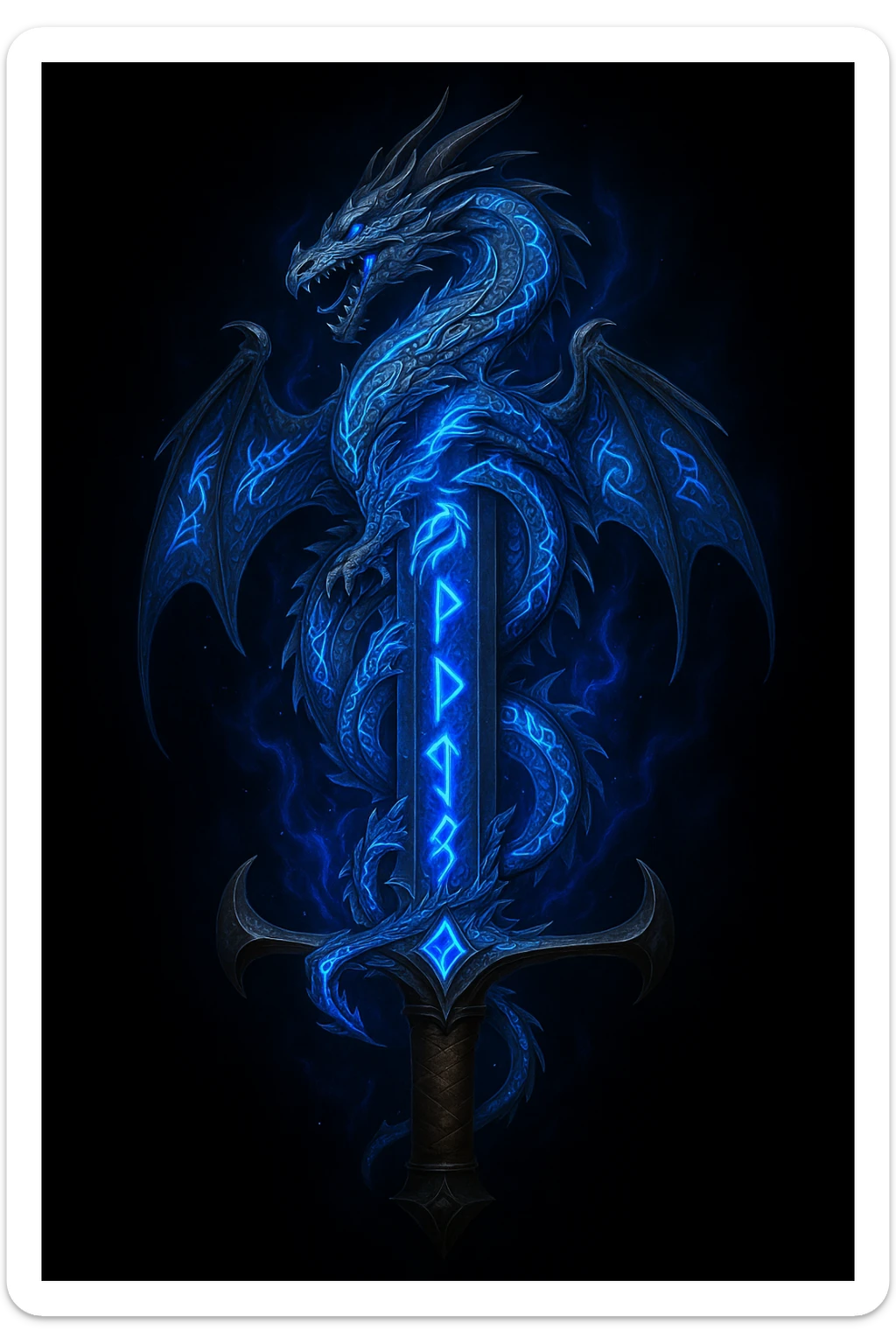 Add a dragon motif to the sword in a fantasy glowing runes style. The dragon design should be integrated on the hilt or blade, glowing with magical runes and fantasy elements. sticker