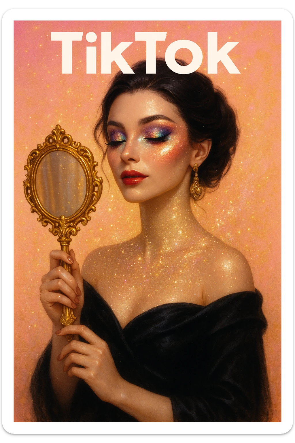 mysterious elegant woman, glowing skin, magical makeup, sparkling powder, golden mirror, pastel pink and gold, TikTok cover style sticker
