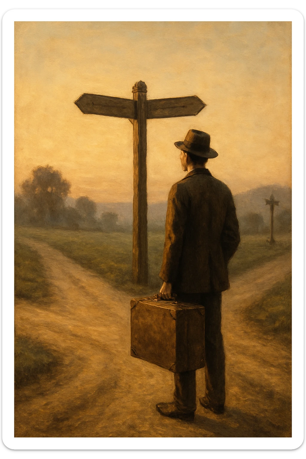 a lone traveler in vintage clothes, standing at a crossroads, contemplating his path, symbolic, dawn light, early 20th century sticker