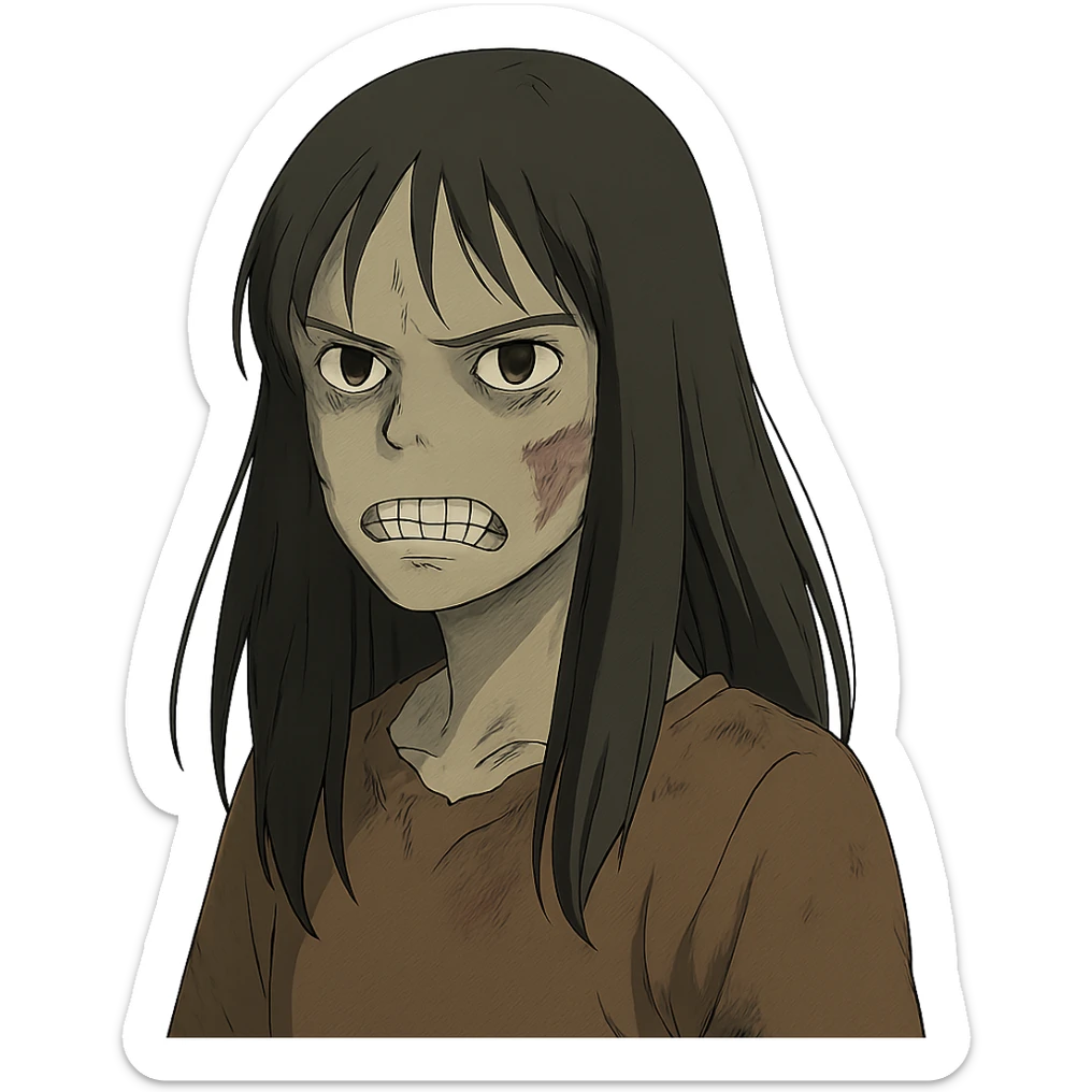 girl zombie with black long hair with teeth and serious face sticker