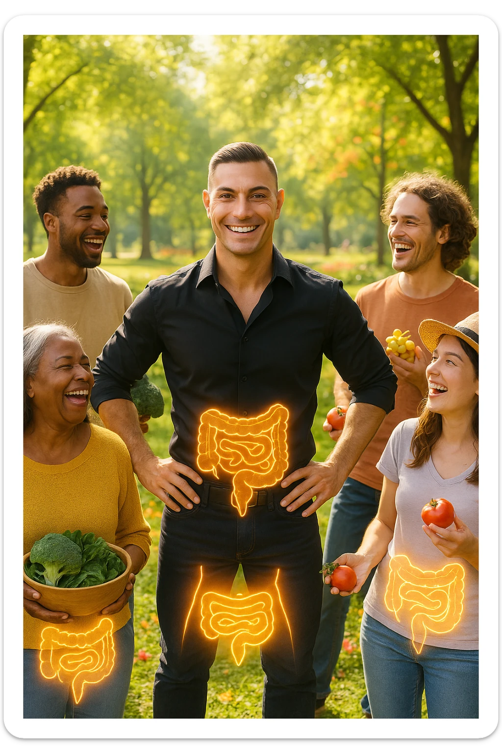  a smiling man stands at the center of a group of diverse, happy people in a bright park. Everyone has a subtle, glowing outline around their abdominal area, symbolizing a healthy gut. The group is laughing, sharing fresh fruits and vegetables, and the atmosphere is vibrant and full of energy. sticker