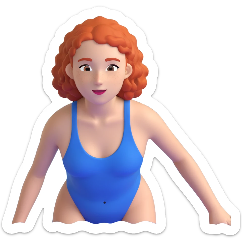 thin 18-year-old white female athlete swimmer with curly red hair about to enter a pool sticker