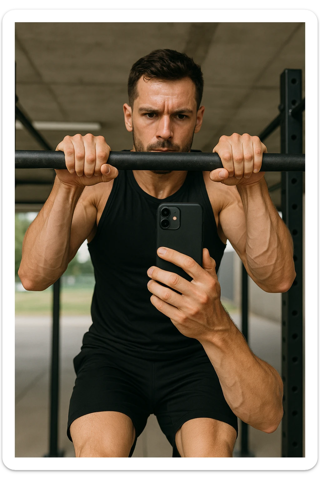 uomo che fa Muscle up e si sta filmando davanti con il telefonino per vedere la sua posizione dei gomiti e delle mani sulla sbarra sticker