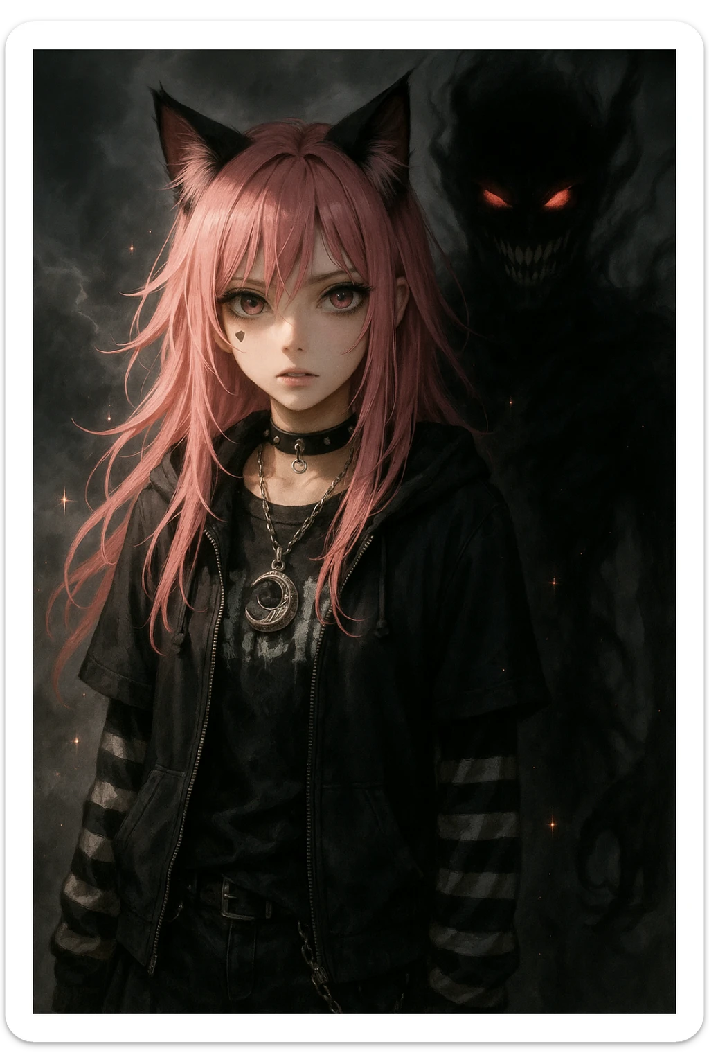 realistic anime catgirl with pink hair, emo streetwear, heart tattoo under left eye, dark magical accessory, sparkles, stormy background, shadow demon horror look with shadowy face, glowing red eyes, sharp teeth sticker