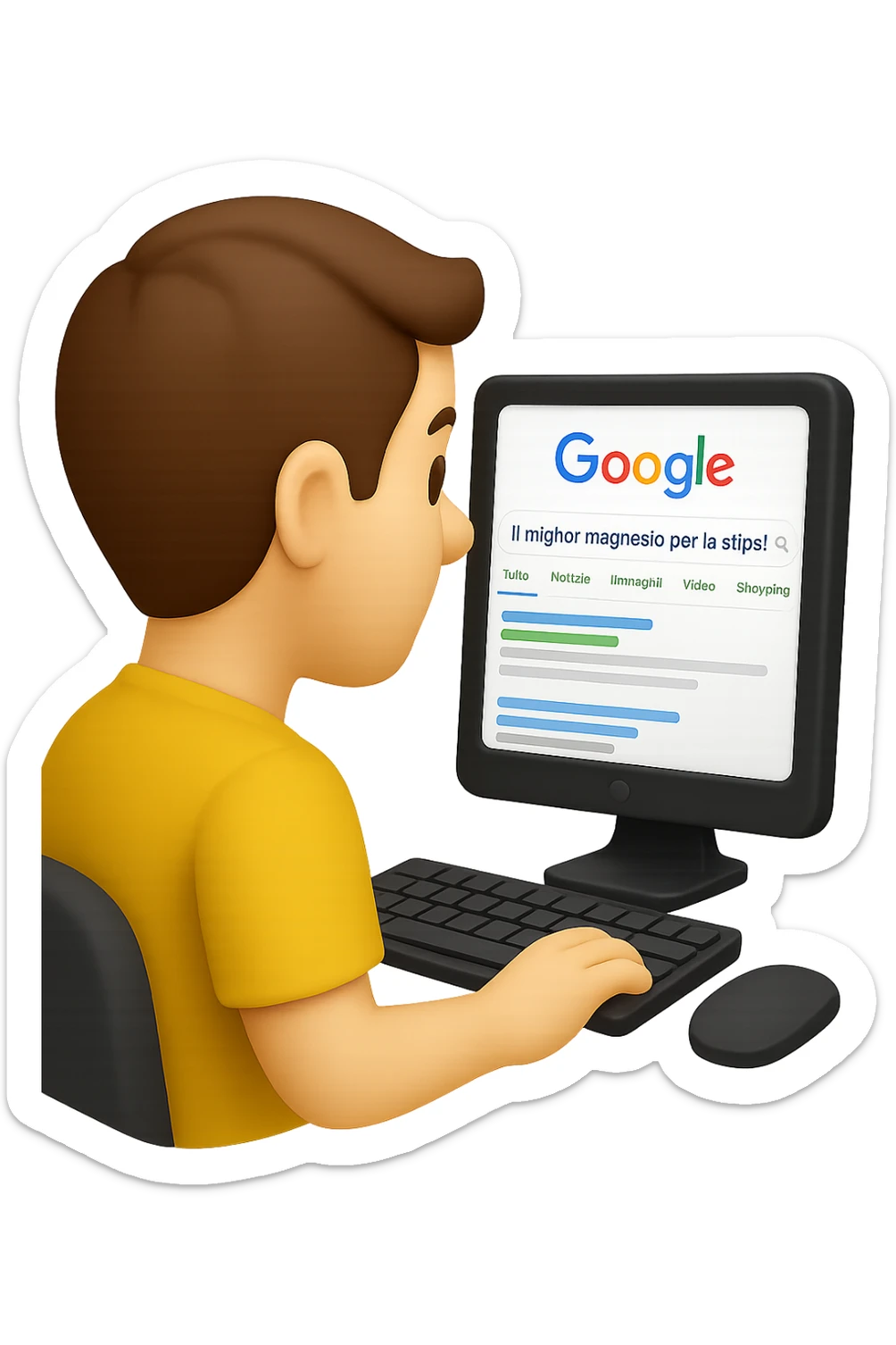 emoji stile iphone di un uomo davanti al pc che cerca di google: "Il miglior magnesio per la stipsi", iperrealistico 4k sticker