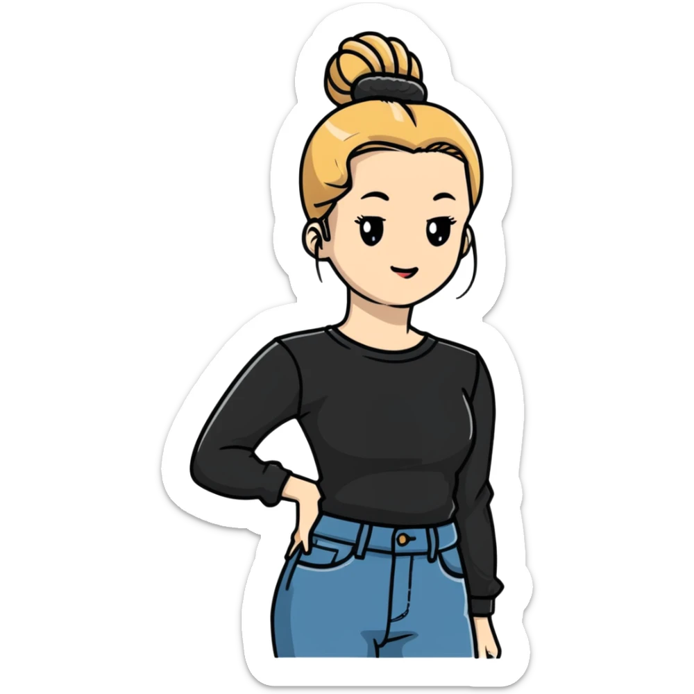 blond woman with bun, long sleeve black shirt, and jeans sticker