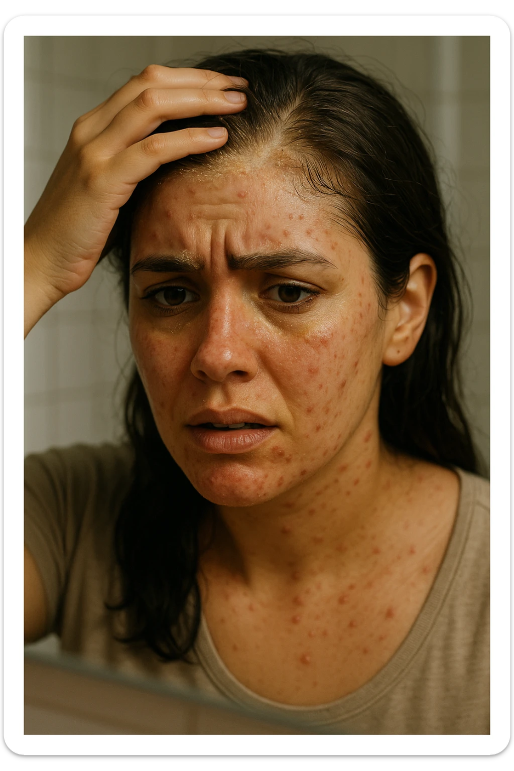 A highly realistic, cinematic close-up portrait of a young woman in her late 20s with medium skin tone, displaying visible folliculitis and seborrheic dermatitis. Small, red, inflamed follicular papules and pustules are scattered along her hairline, jawline, and upper neck, indicating folliculitis. Her scalp and areas around the nose and eyebrows show flaky, greasy yellowish scales, with redness and irritation, indicating seborrheic dermatitis. Her hair appears slightly greasy and clumps near the scalp, emphasizing excess sebum production. She gently touches her irritated scalp with concern while looking at herself in a softly lit bathroom mirror, expressing discomfort and frustration. The environment is neutral and clean, with daylight softly illuminating the scene to highlight the skin and scalp texture. The style is 35mm hyperrealistic, with warm neutral tones and shallow depth of field to maintain focus on her skin, inflammation, and emotional expression, visually explaining the physical discomfort and aesthetic concerns of living with folliculitis and seborrheic dermatitis sticker