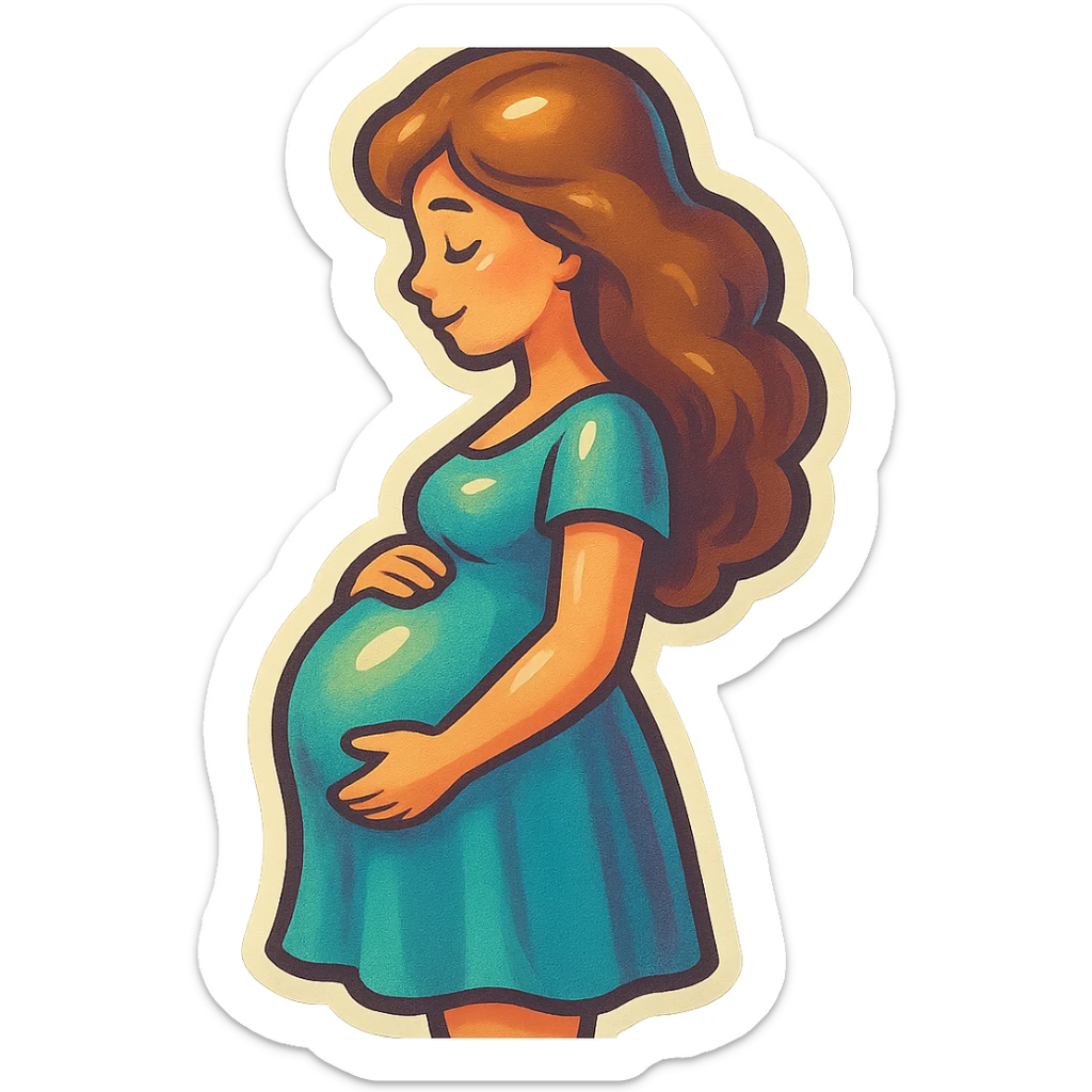 pregnant girl in dress standing sideways holding belly, retro stickers style, soft rounded shapes, expressive contours, vintage color palette, light paper texture, shadows and highlights, transparent background sticker