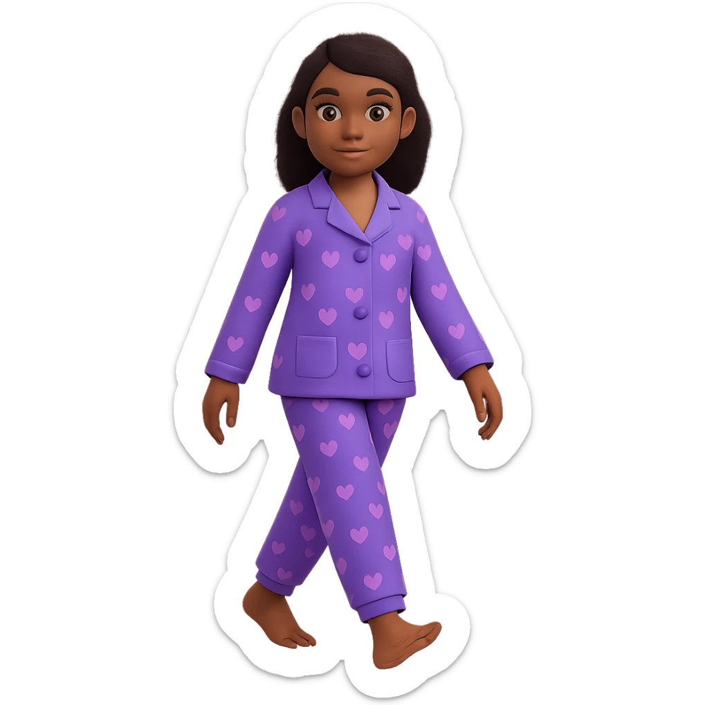 Create an image of a girl walking in pajamas with brown skin in the style of 3D emoji, with no background. The style is 3D emoji but fallback to general for editing as 3D emoji style does not support editing. sticker