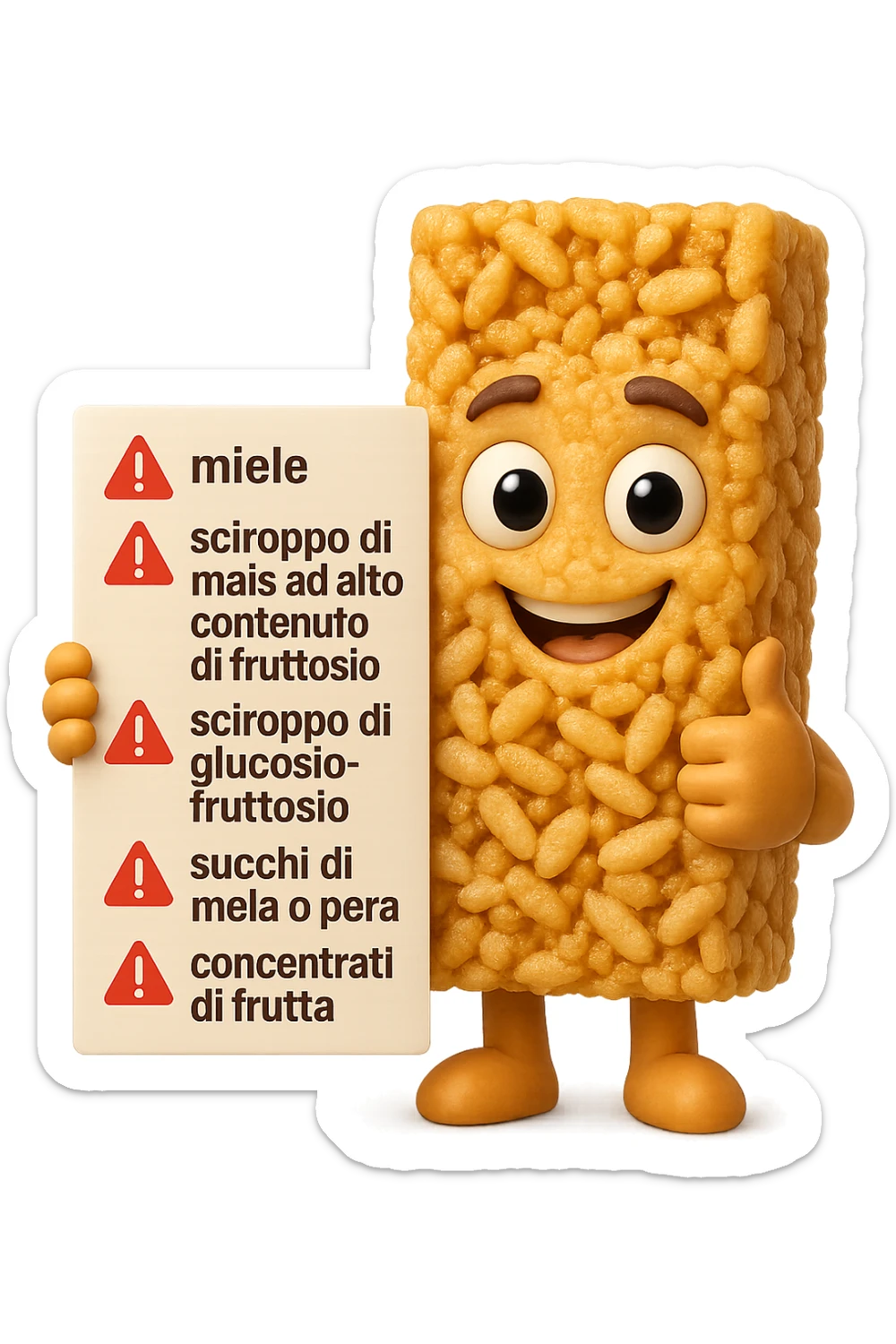 SU QUESTO STILE FAI UN EMOJI STILE IPHONE 3D DI UNa barretta ai cereali con ETICHETTA CON GLI INGREDIENTI SCRITTI, "miele, sciroppo di mais ad alto contenuto di fruttosio, sciroppo di glucosio-fruttosio, succhi di mela o pera,
concentrati di frutta" accanto ad ogni nome scritto mettici un segnale di allarme, FALLO MOLTO REALISTICO IN 3D sticker