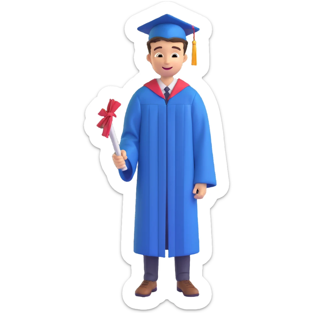 memoji-style illustration of a happy 16-year-old young man celebrating graduation, wearing a cap and gown, smiling sticker