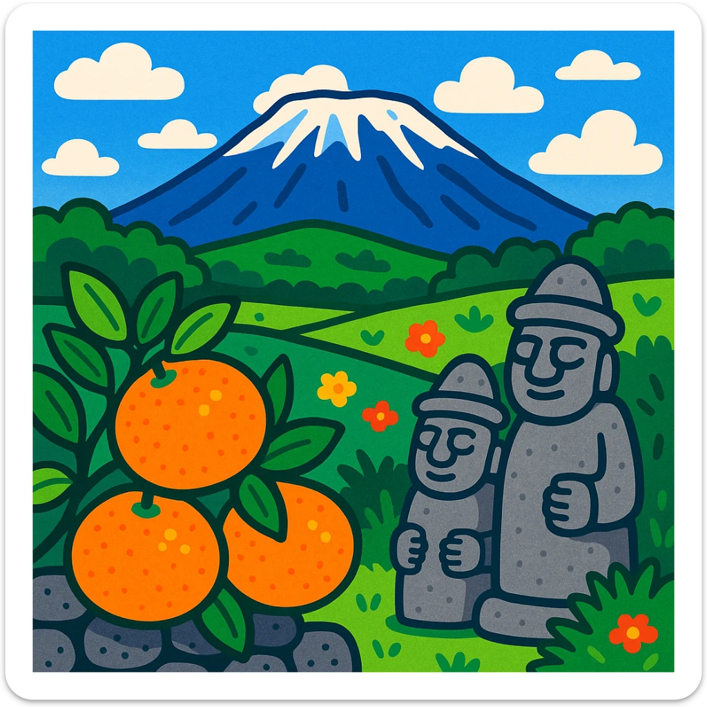 Jeju Island iconic scenery with Hallasan mountain, tangerines, stone statues, vibrant and playful style sticker