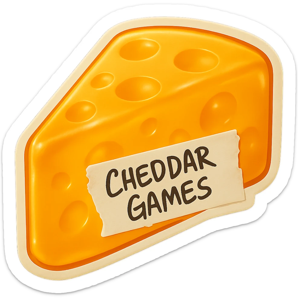 Add a piece of torn white tape to the side of the cheese wedge. Write 'Cheddar Games' on the tape in messy black Sharpie handwriting. Keep the cheese wedge exactly the same otherwise. Retro 90's toy style, semi-transparent plastic, no background. sticker