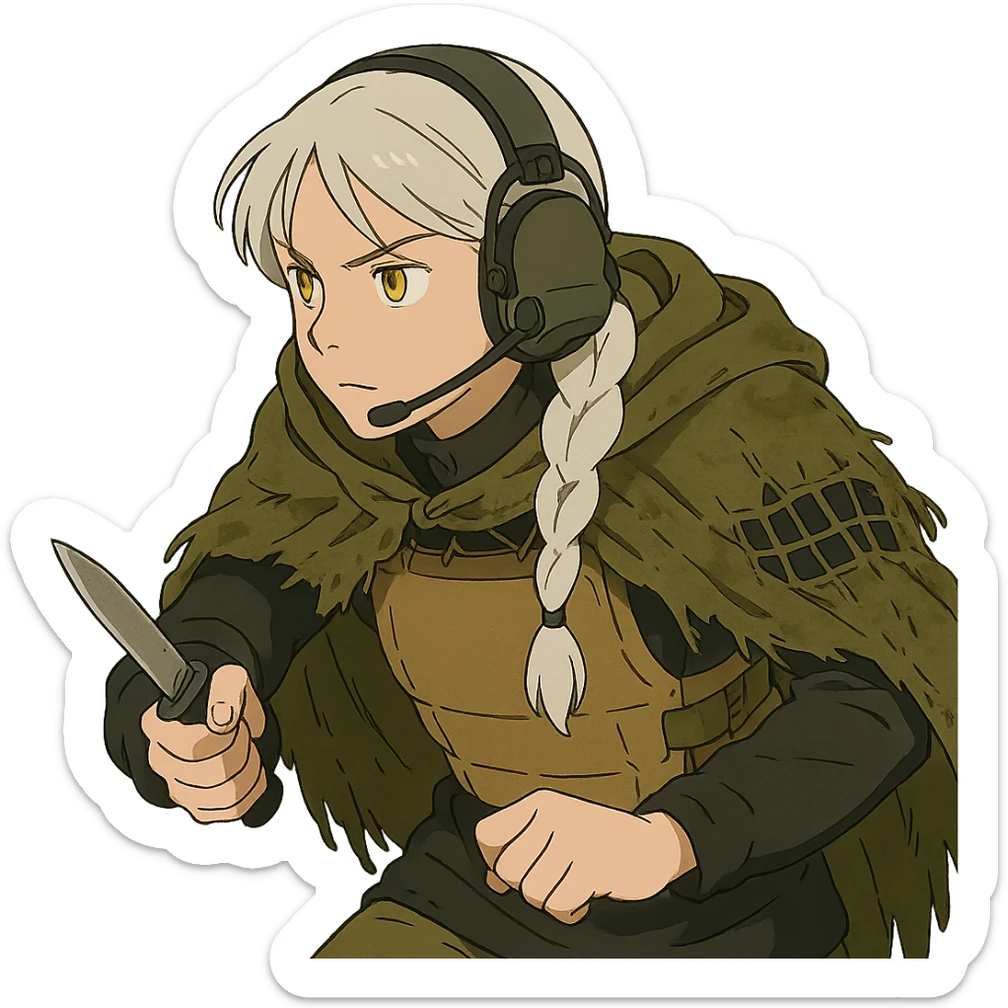 1 female, mid 20's, white hair in a long braid, gold yellow eyes, adorned in a black long sleeve shirt, tan body armor and a worn olive-green cloak with netting holding it together. She wears a COMTAC headset. she is hunched slightly, stealthily, focused on her target, holding a small combat blade at the ready sticker