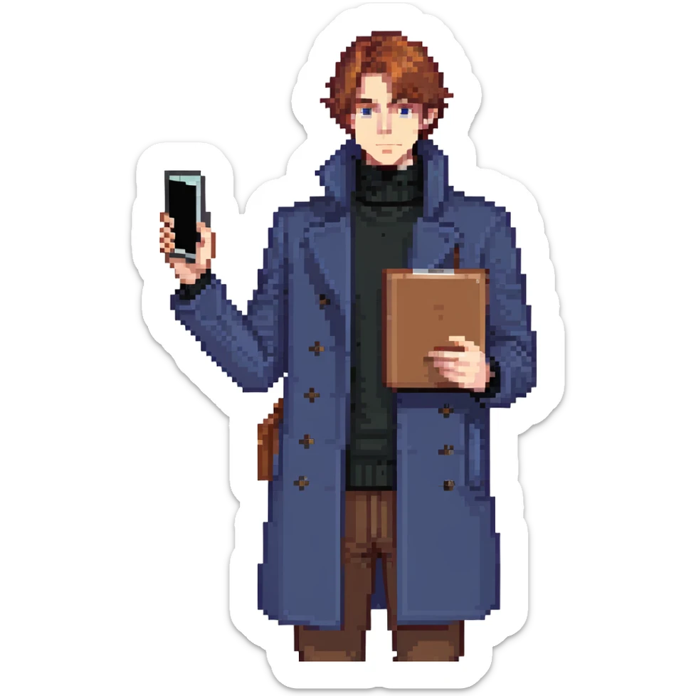 Flat pixel art, bold and charismatic male leader, Caucasian, short auburn hair, sharp eyes, indigo coat over black turtleneck, one arm raised pointing out, holding tablet, waist-up, front-facing sticker