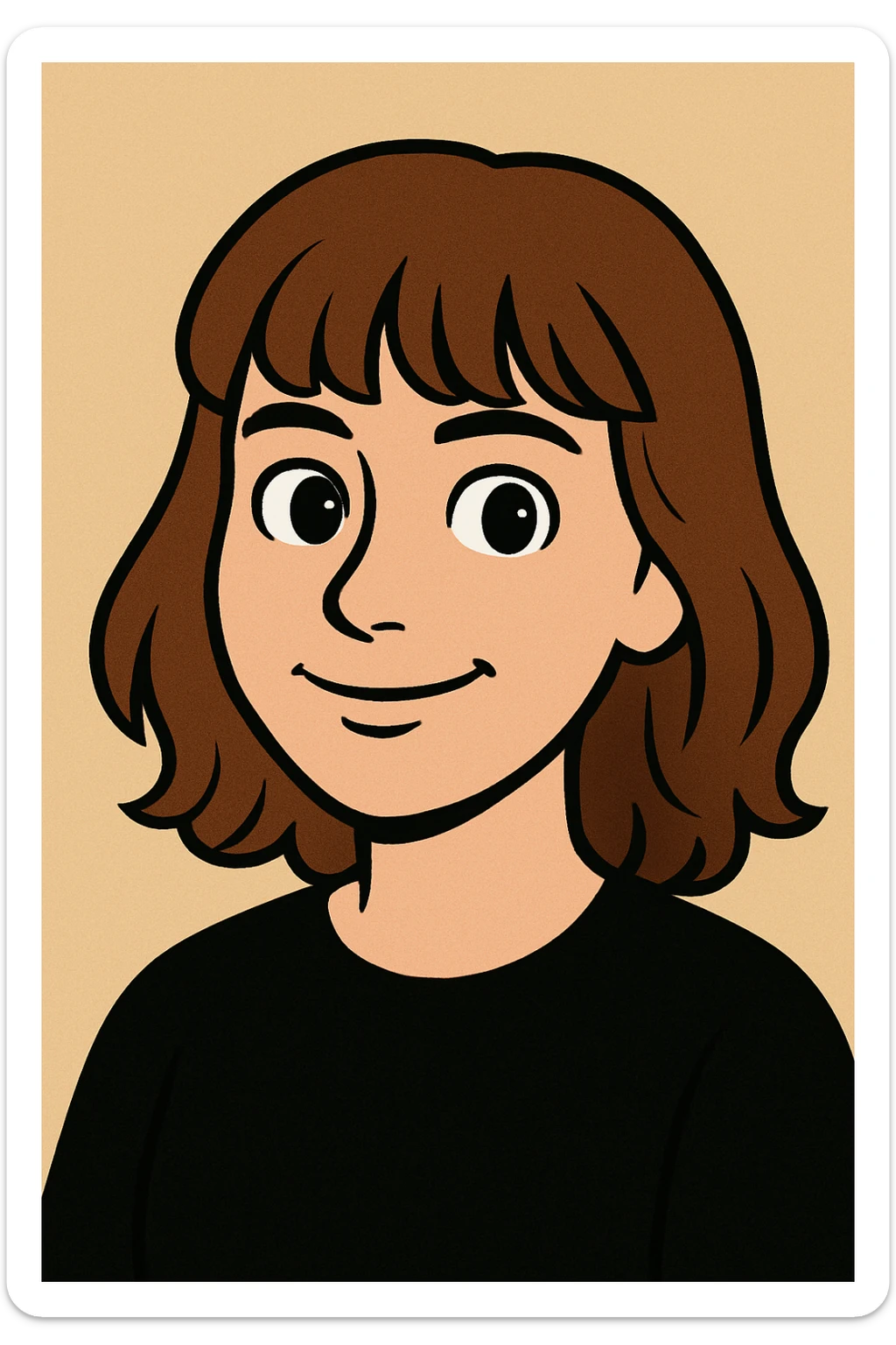 cartoon style portrait, brown hair with bangs, brown eyes, black shirt, plain background sticker