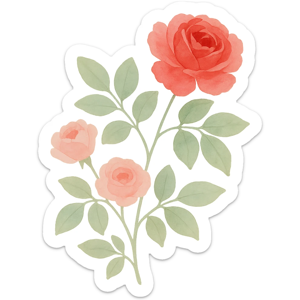 very detailed rose bush with lush green leaves, multiple blooming roses in red and pink, soft gradients, realistic botanical details, watercolor art style sticker