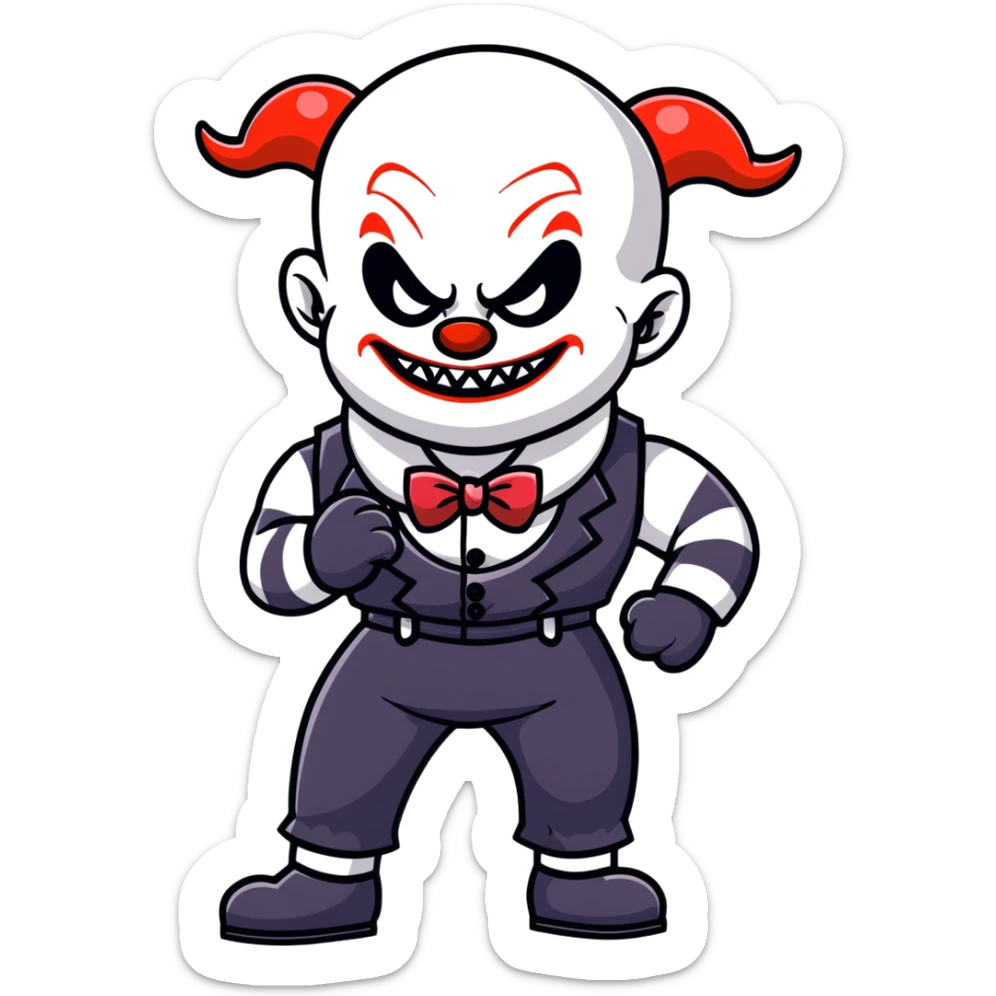 full-body muscular demonic clown in black and white leisure suit with bellbottom pants, bald, black ram horns, flashy black and white belt, ruffled white shirt, no neck tie, large fangs, cartoon sticker style sticker