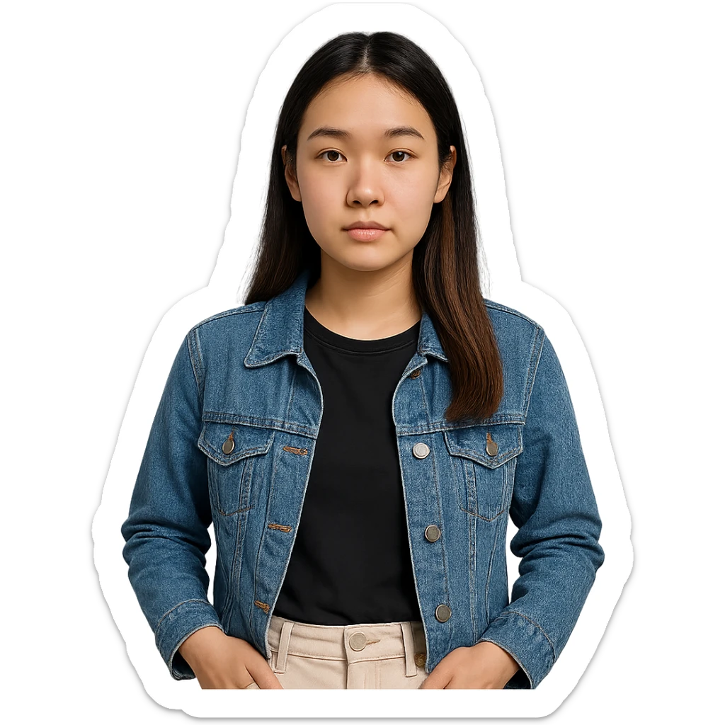 18-year-old Asian Finnish woman, neutral expression, modern casual style, clear facial features, no background sticker
