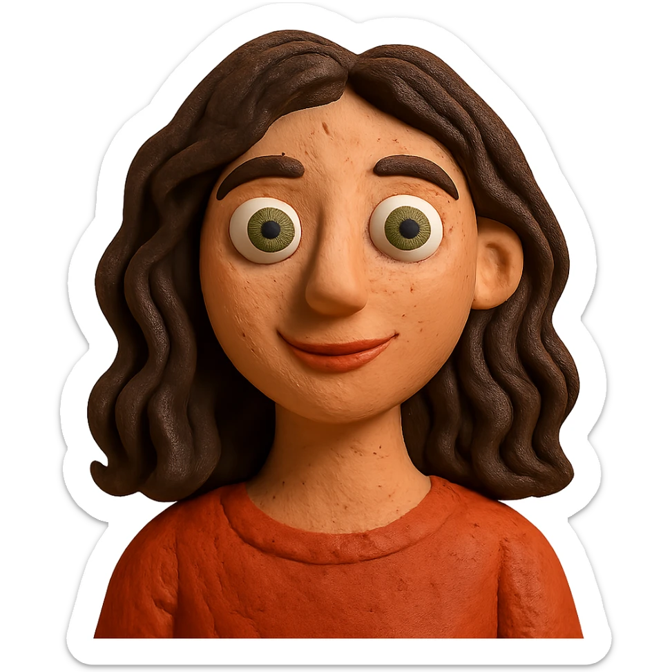 claymation style woman with wavy dark brown hair and green eyes sticker