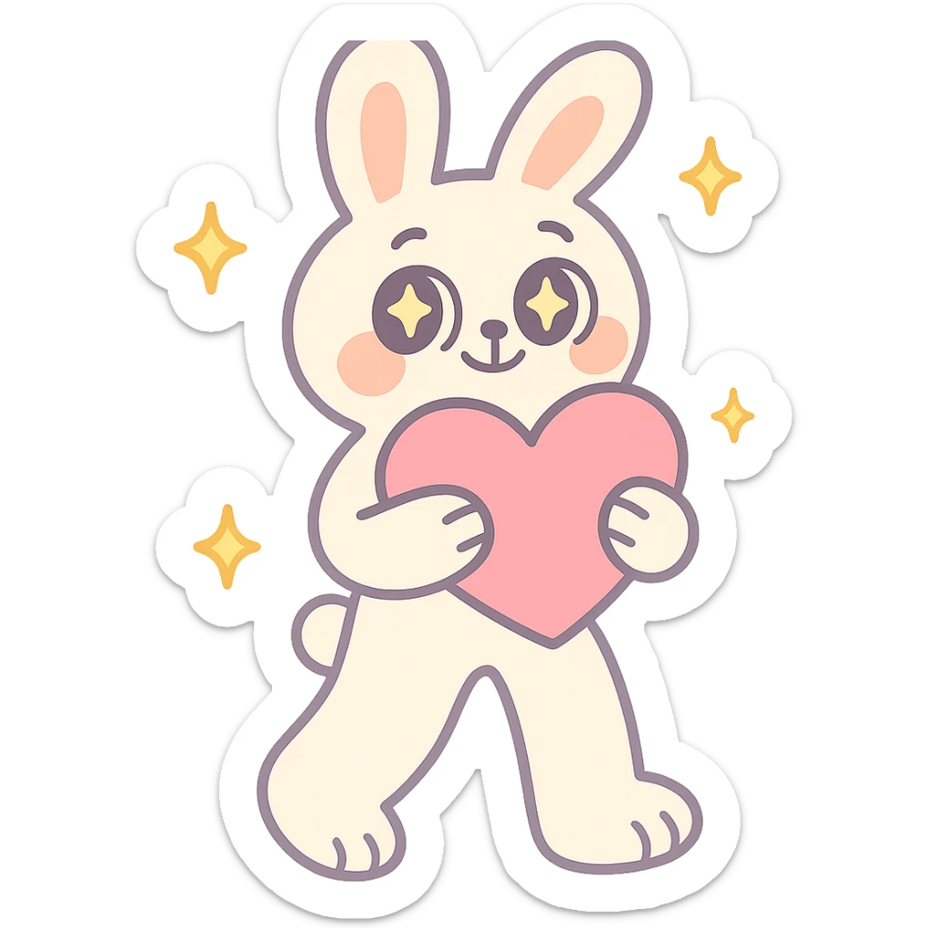 full-body milky white bunny with sparkling eyes, holding a big heart, sparkles floating around, dreamy pose, pastel-toon style sticker