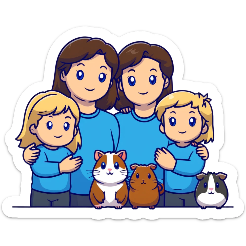 Family portrait with father with dark brown hair and blue eyes, mother with light brown hair and blue eyes, three blonde little girls with blue eyes, plus a grey cat and two guinea pigs sticker