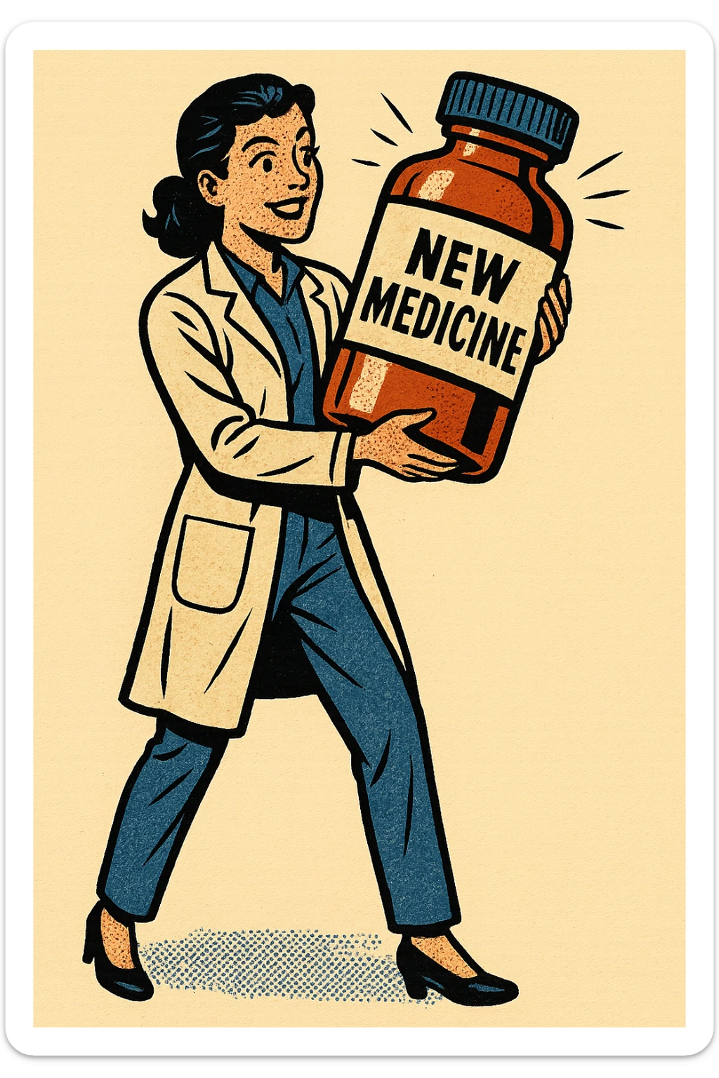 A full body image of modern day female scientist holding a large medicine bottle which is labelled 'New Medicine' sticker