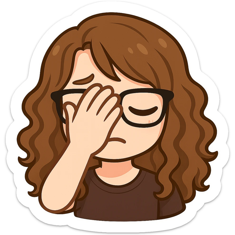 Create a chibi sticker emoji of this person with glasses and curly hair, facepalm expression, in Twitch emote style, with a transparent background. sticker