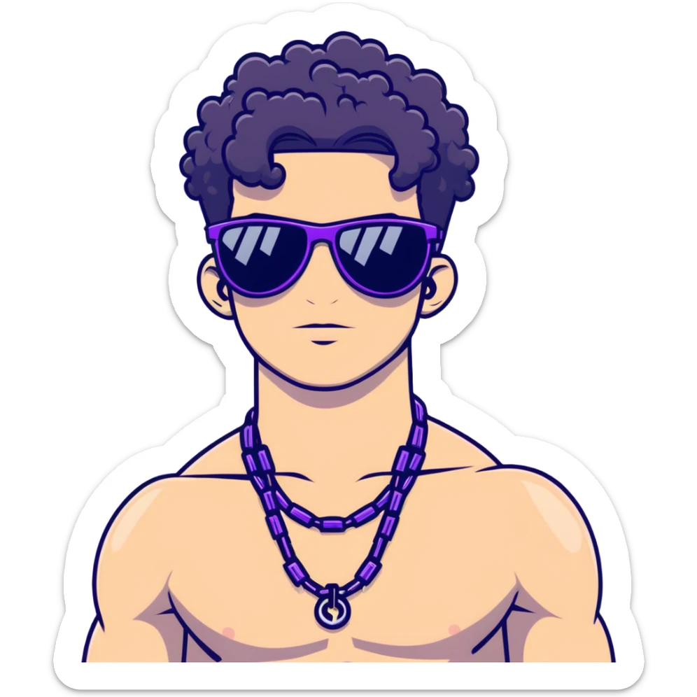 shirtless male athlete with white skin and moderately curly black hair on top with shaved sides, wearing purple sunglasses with very dark heavily tinted black lenses, and a simple plain black chain necklace, no earrings or other jewelry sticker