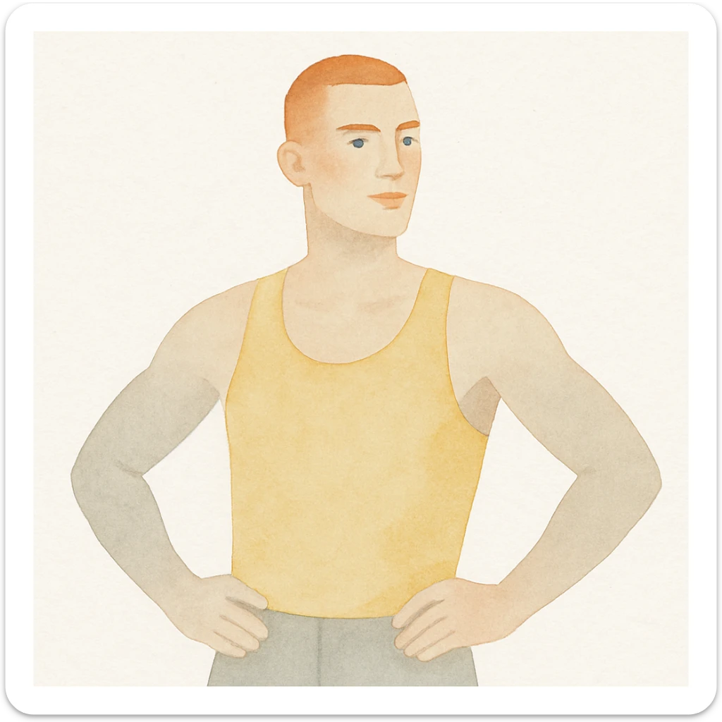 red-haired man with a buzz cut, yellow tank top, confident stance, minimal background sticker