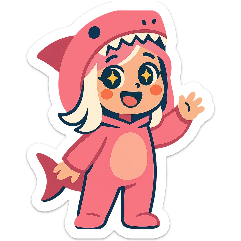 cute cartoon girl with white hair in a pink shark onesie, eyes sparkling with happiness sticker