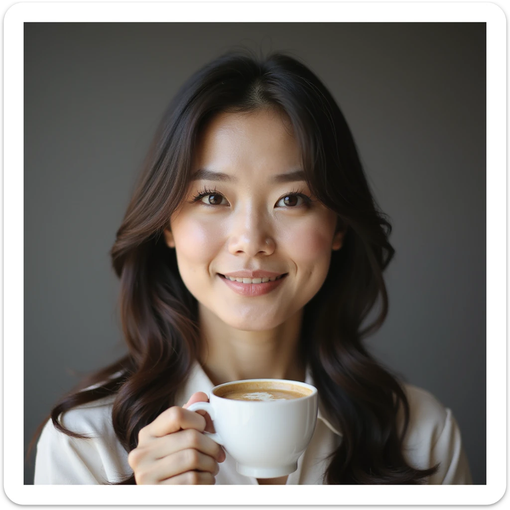 photorealistic upper-body portrait of a sophisticated Korean woman, age 25-35, elegant and refined, modern upscale vibe, values premium ingredients and quality, enjoys professional home café experience, perfect harmony of coffee and dessert, neutral background sticker