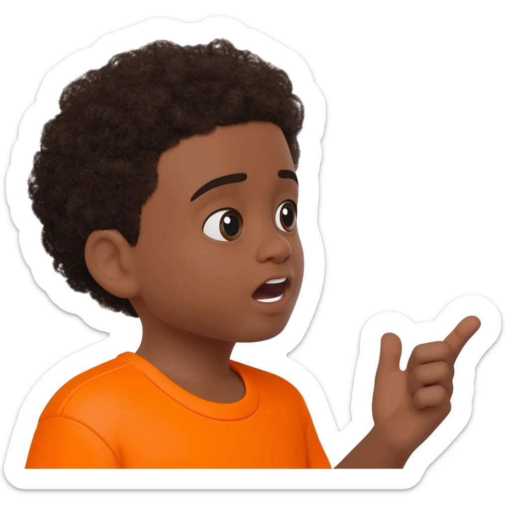 black boy curly hair orange shirt talking talk bubble sticker