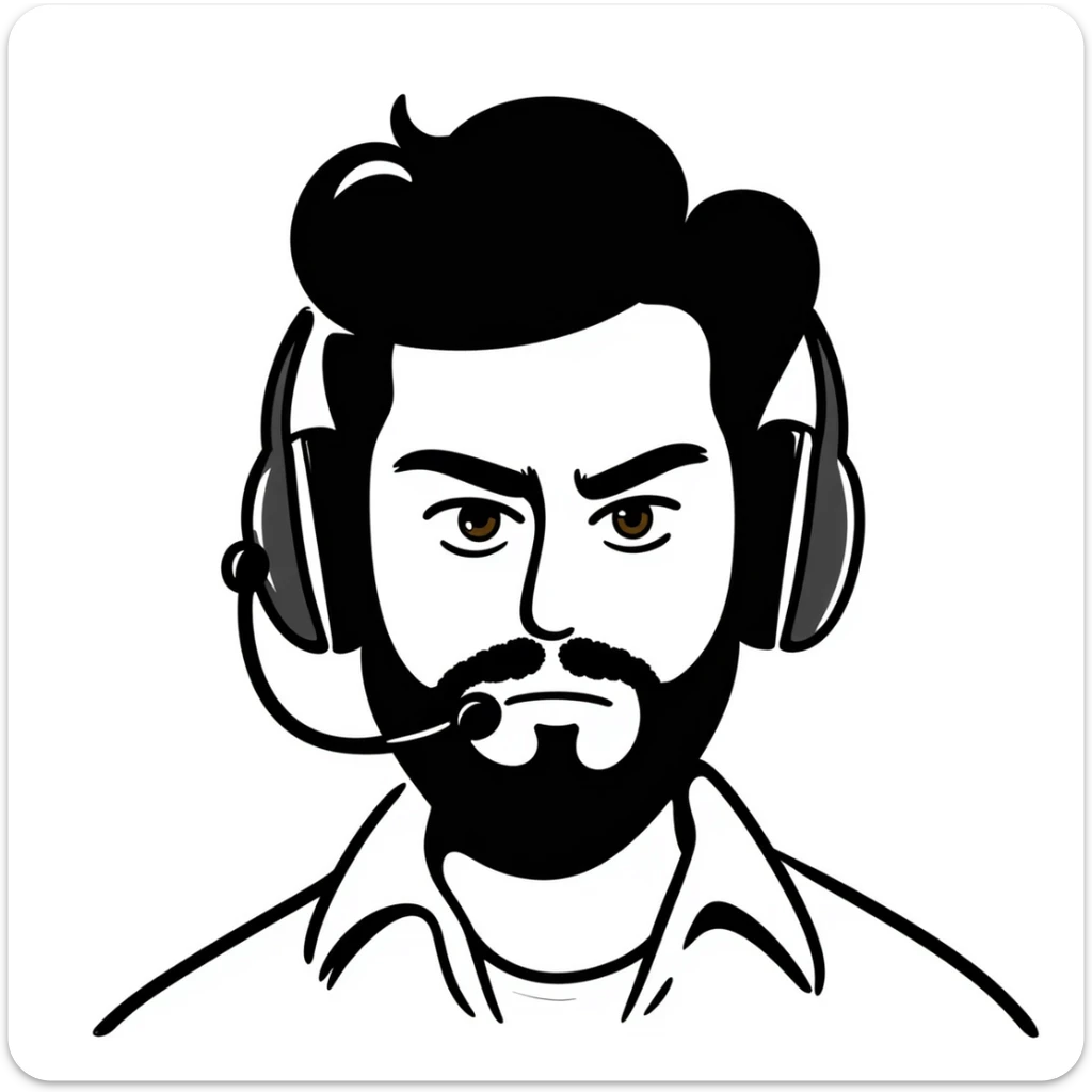 Serious face of a man with black hair, brown eyes, black beard, wearing a gaming headset sticker