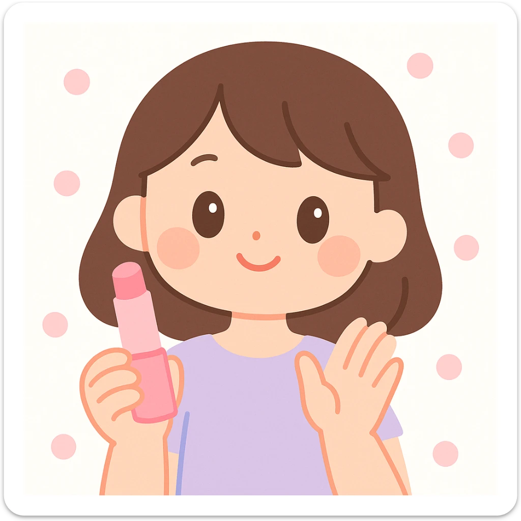 brunette girl with pink manicured nails, displaying a pink lip balm, cute and playful style sticker