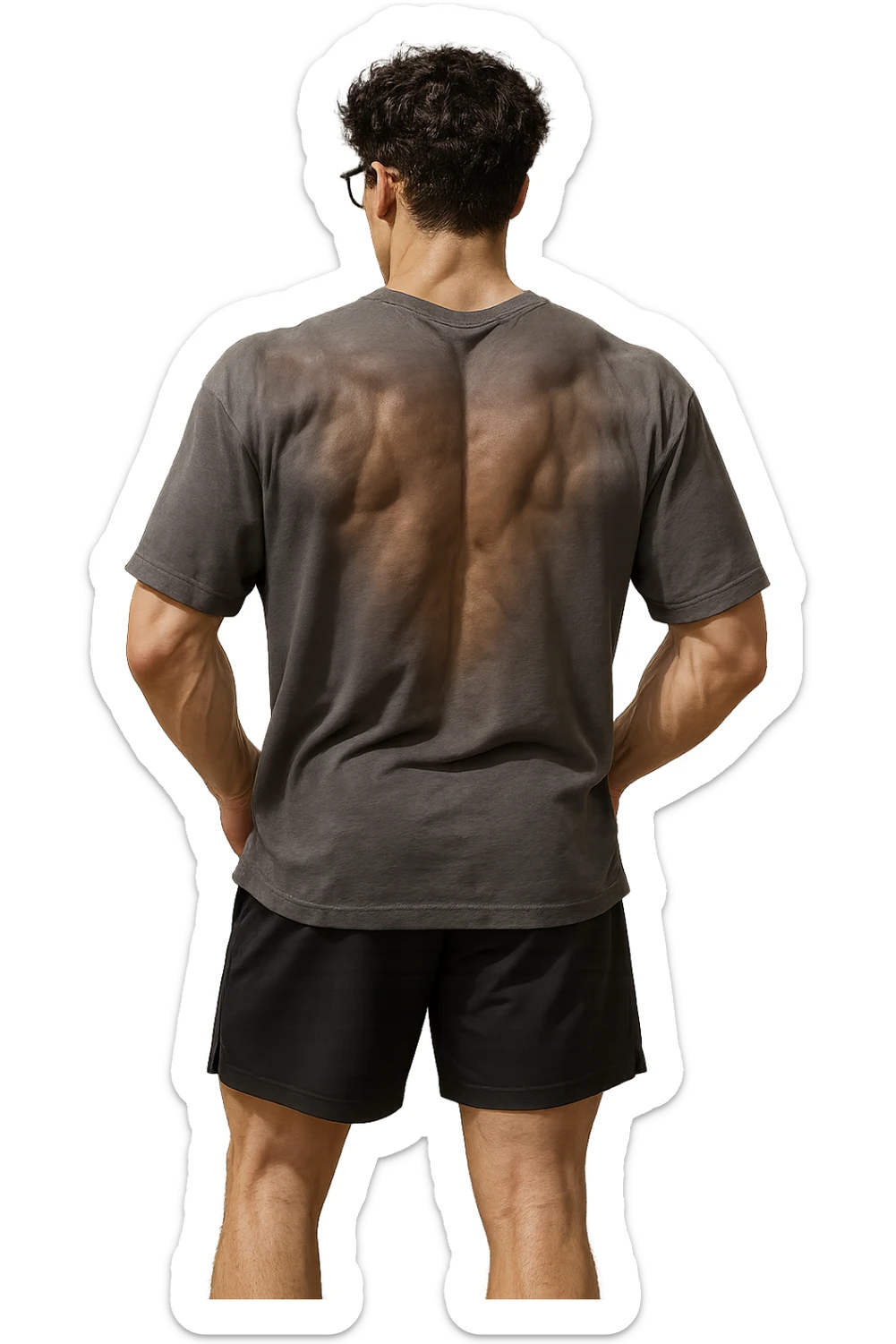 lascia questo ragazzo identico ma fallo in piedi di spalle con fasci muscolari della schiena contratti, senza macchinari, solo la sua figura, iperealistico 4k sticker