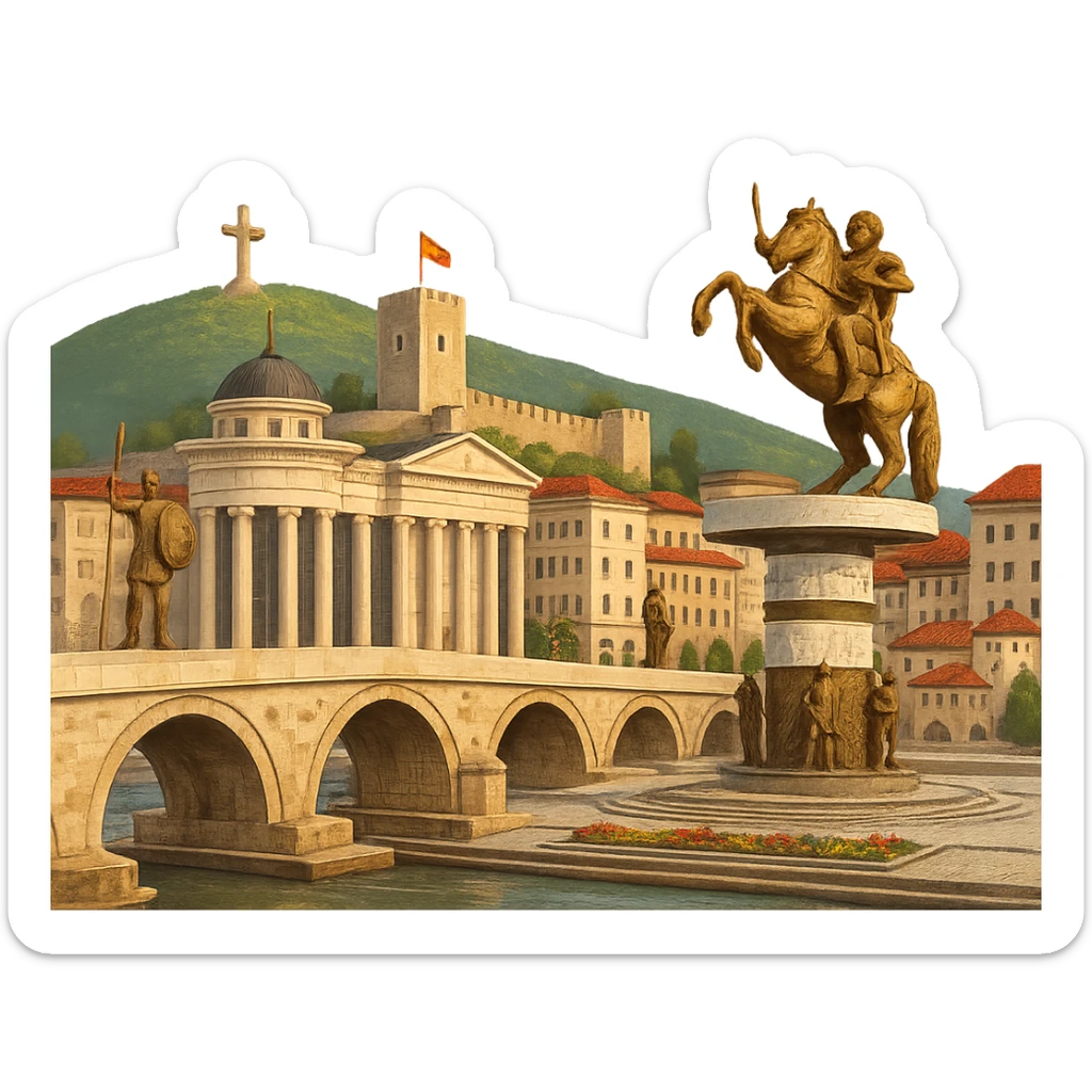 cinematic, realistic emoji of Skopje, wide city view with iconic landmarks Stone Bridge, Skopje Fortress (Kale), Millennium Cross, Macedonia Square statues, lifelike detail, accurate colors, bright daytime lighting, fully transparent background, no sky, no clouds sticker