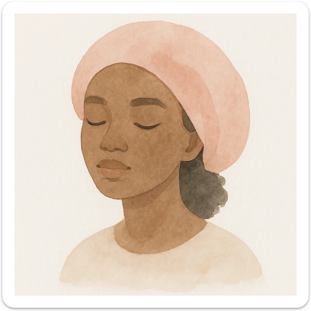 black girl with eyes closed wearing a pink bonnet, gentle watercolor style sticker