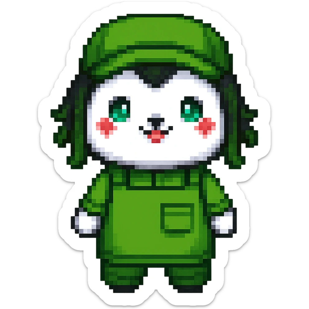The mascot should be dressed in green clothing typical for grocery store employees, pixel art style sticker
