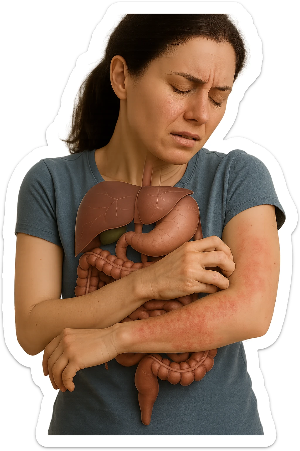 donna con intestino umano anatomico realistico che si gratta il braccio su cui ha un'eritema, iperrealistica 4k sticker
